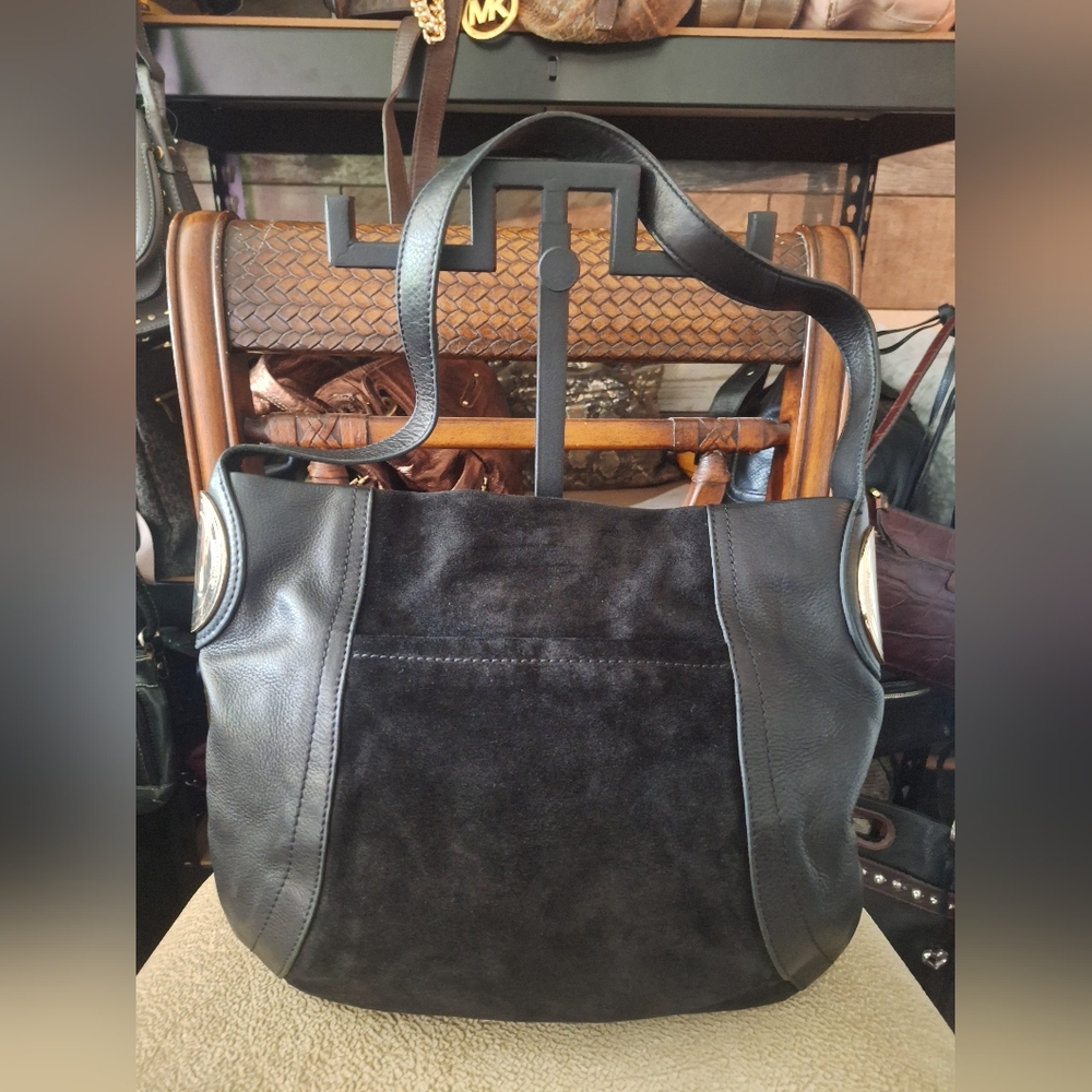 B. Makowsky Smooth Leather and Suede Shoulder Bag with Gold Hardware